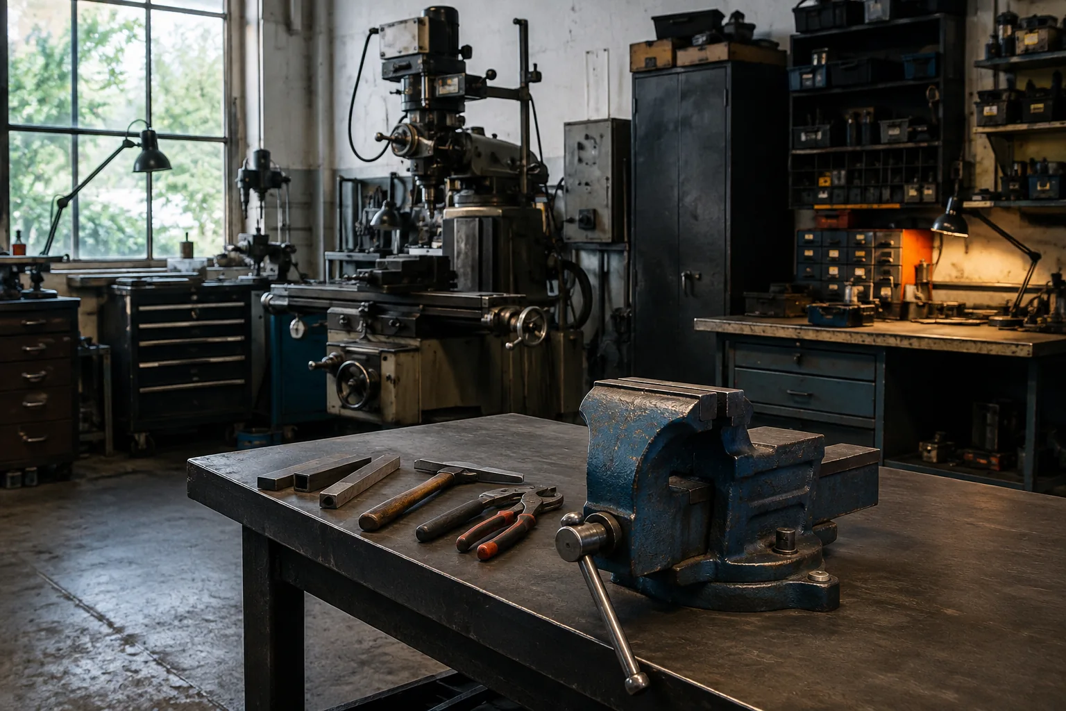 Illustrated workshop with workbenches, tools and fabrication equipment